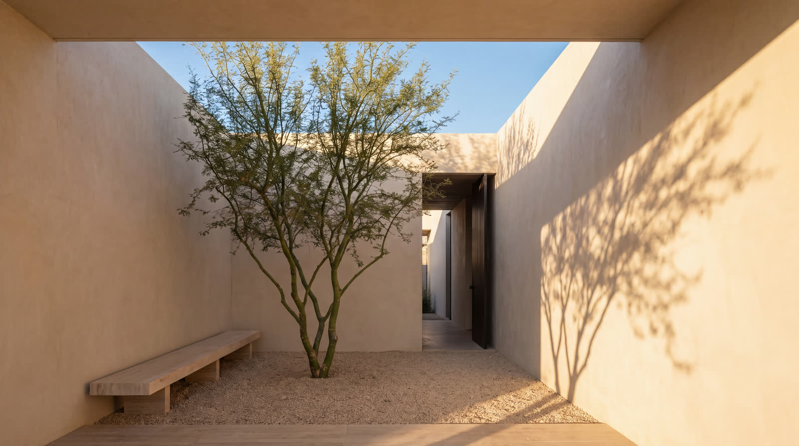 A walled entry courtyard with a single multi-trunk palo verde in pale gravel, its shadow thrown across bone plaster.
